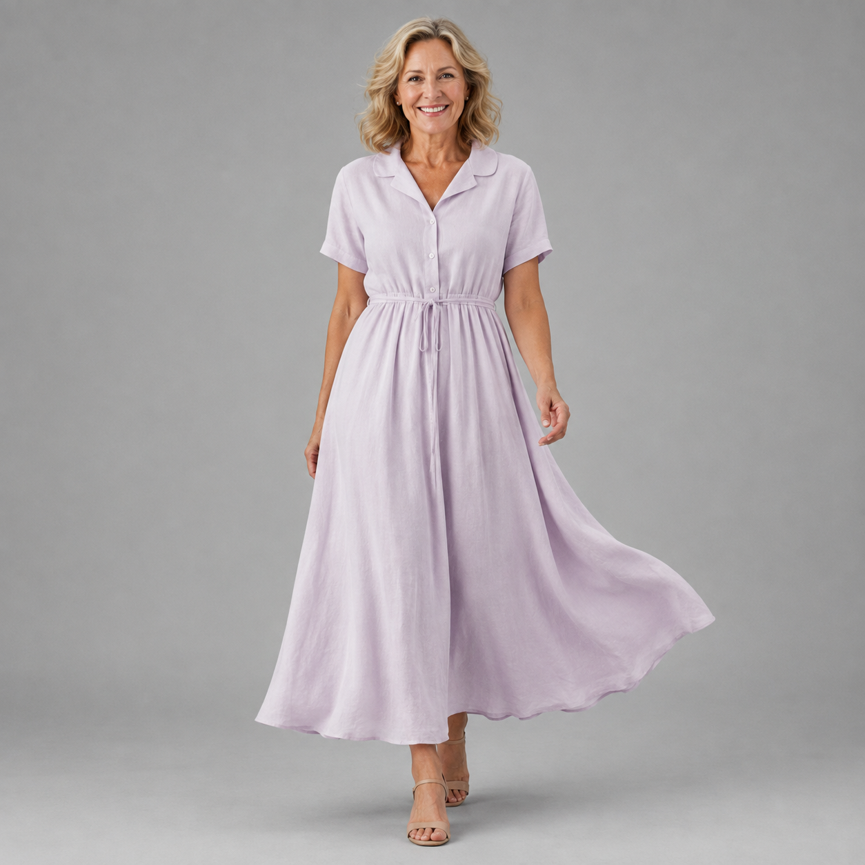 Light purple short-sleeve classic dress with button front and gathered waist