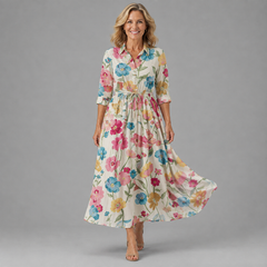 Floral button-up waist-tie midi dress with pink, blue, and yellow blooms