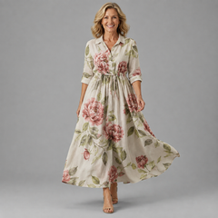 Floral rose midi dress in cream with pink blooms, button front and gathered waist
