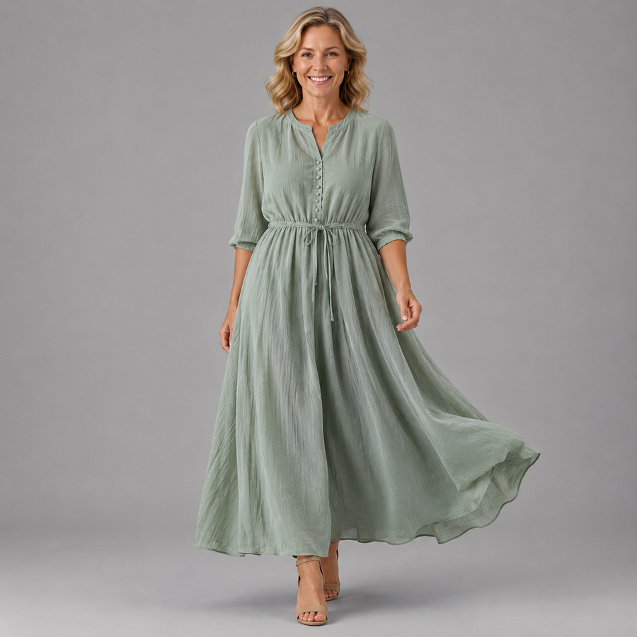 Sage green vintage dress with V-neck, button front, gathered waist, 3/4 sleeves