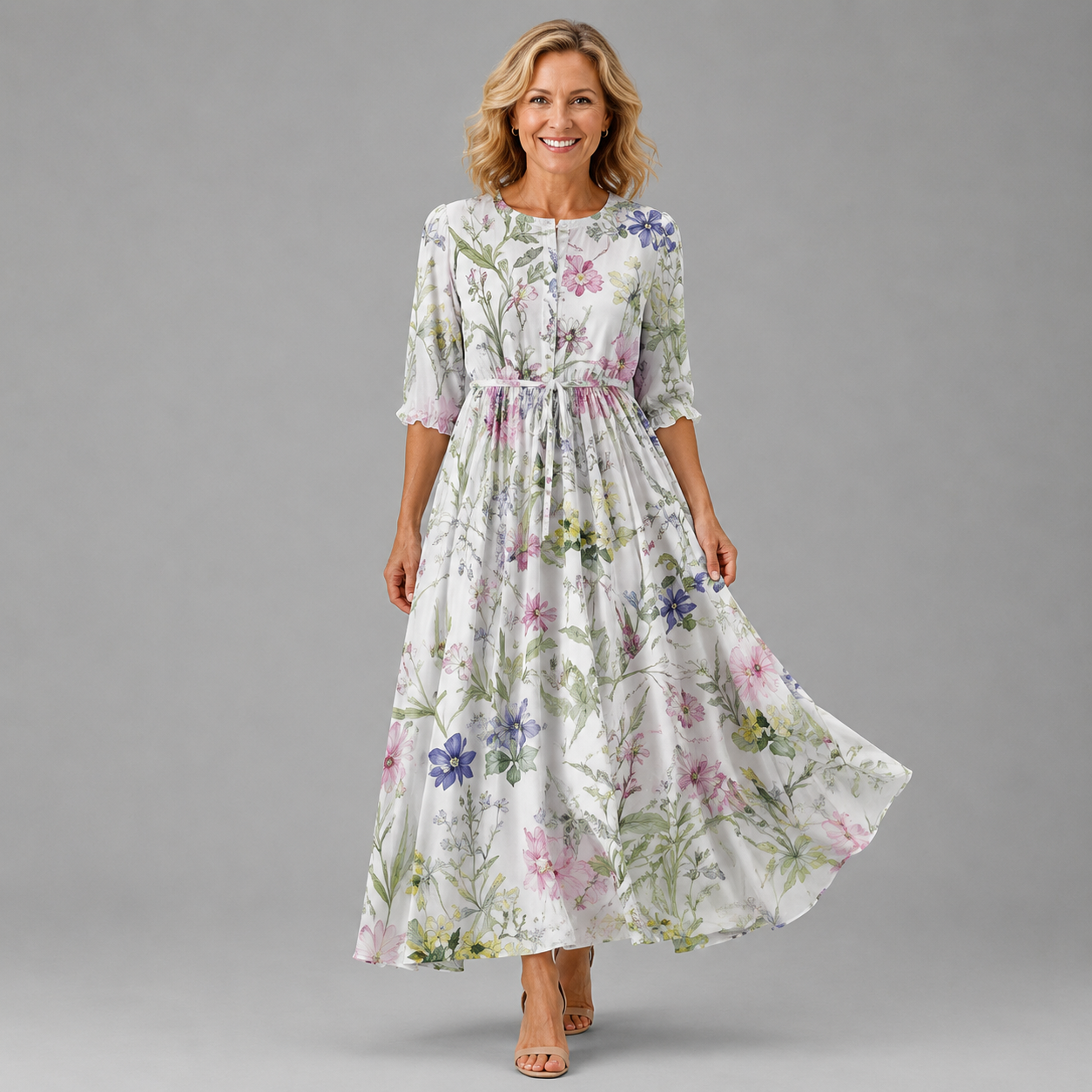 Floral midi dress, white base with multicolor print, gathered waist, elbow sleeves