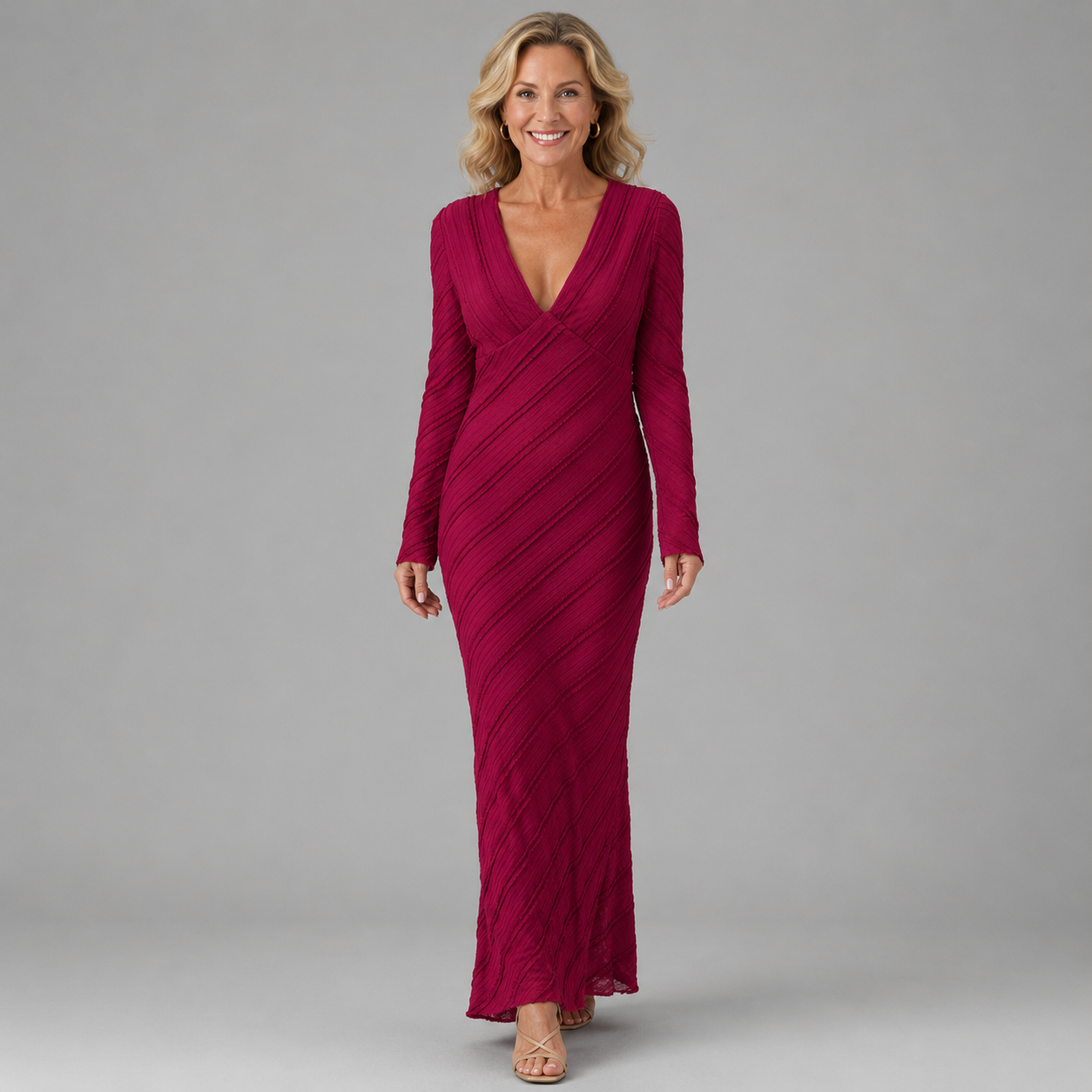 Sena burgundy V-neck long-sleeve maxi dress with diagonal wrap-style stripes