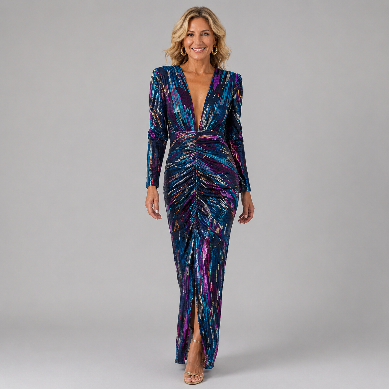 Blue and purple abstract print long-sleeve midi dress with ruched waist and V neckline
