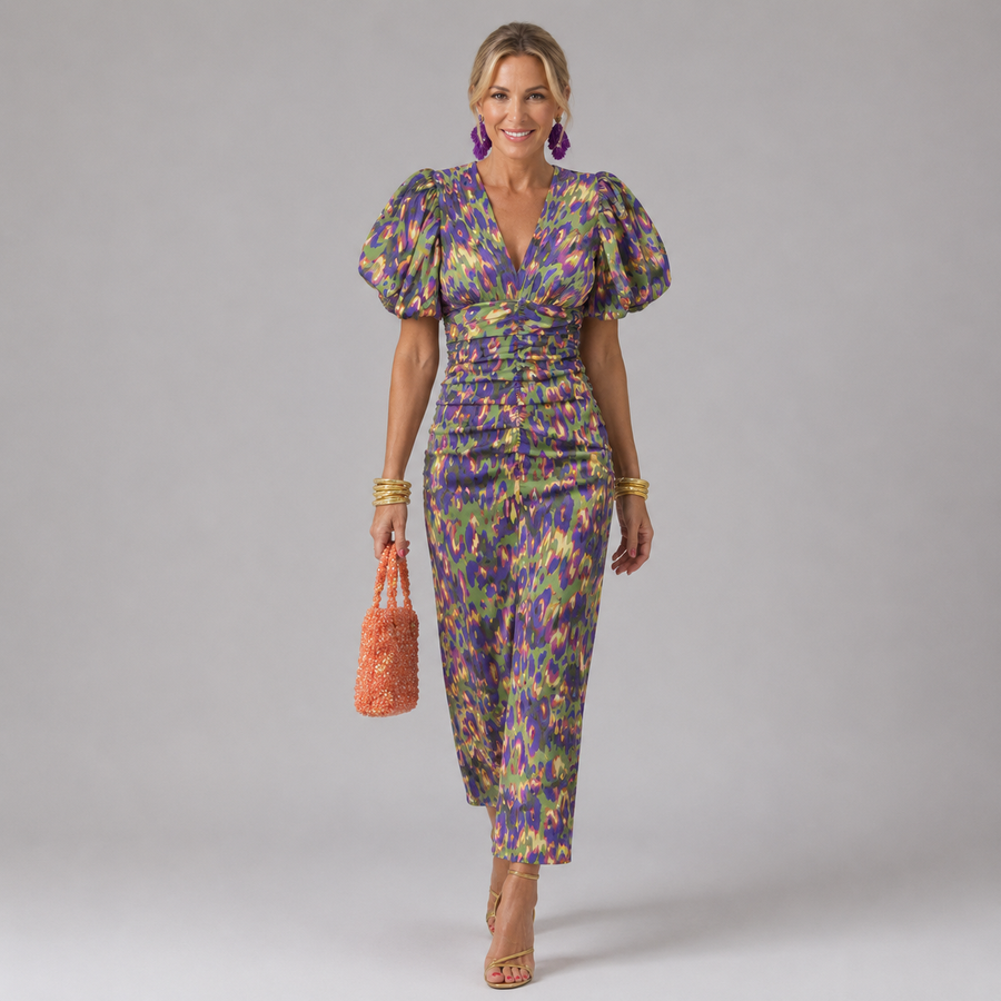 Abstract print midi dress with V-neck and puff sleeves, cinched waist, front view