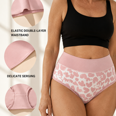 High-waisted cotton briefs set in pink heart print with double-layer waistband