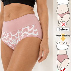 High-waisted cotton briefs in pale pink with heart print; close fit for everyday wear