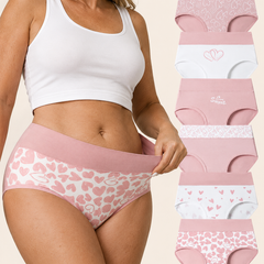 High-waisted cotton briefs 6-pack with pink heart prints, solids, and 'Sweet' detail