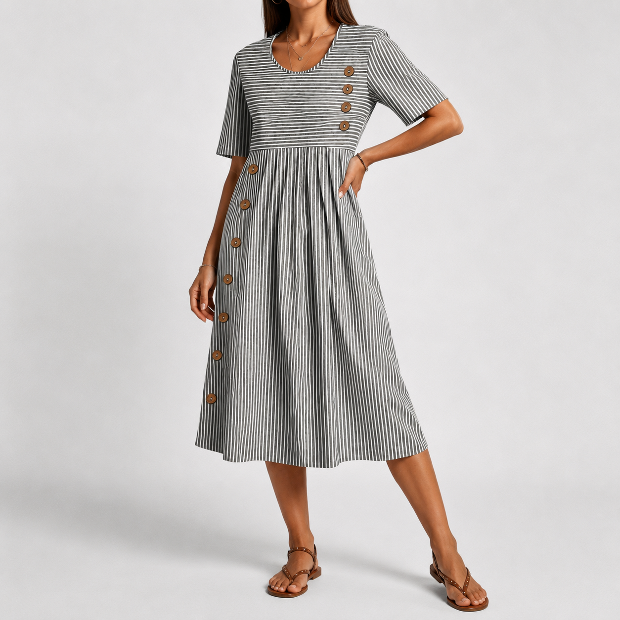 Breathable striped midi dress in gray with front button placket and gathered waist