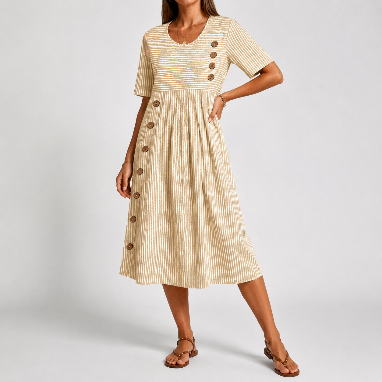 Breathable striped midi dress in beige with front button placket and gathered waist