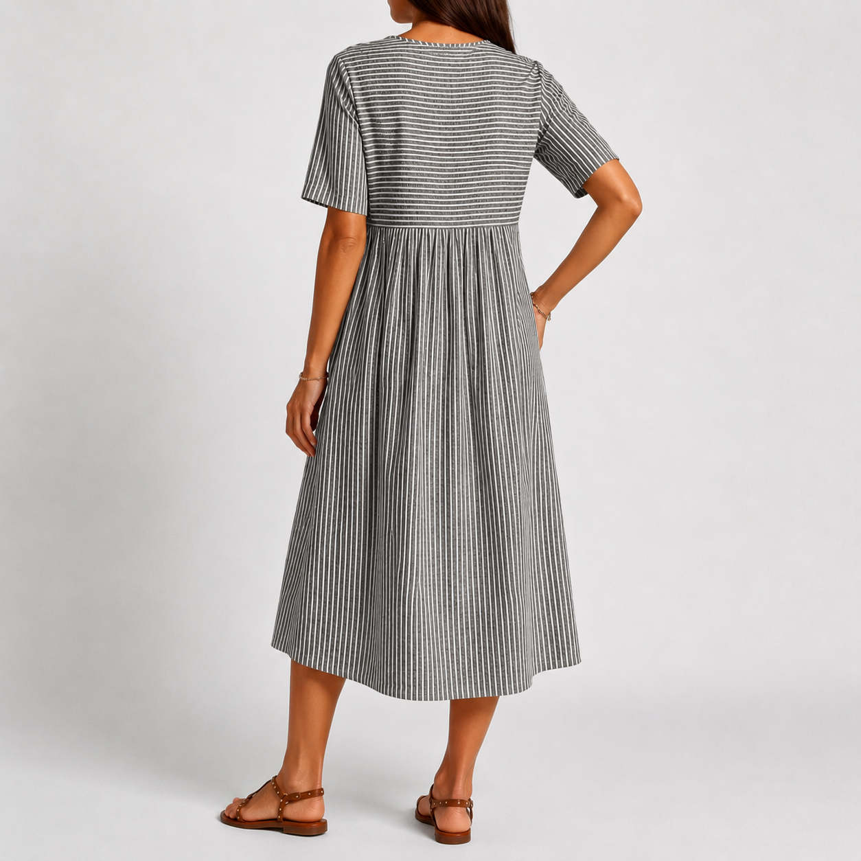 Breathable striped midi dress in gray with short sleeves and gathered back waist