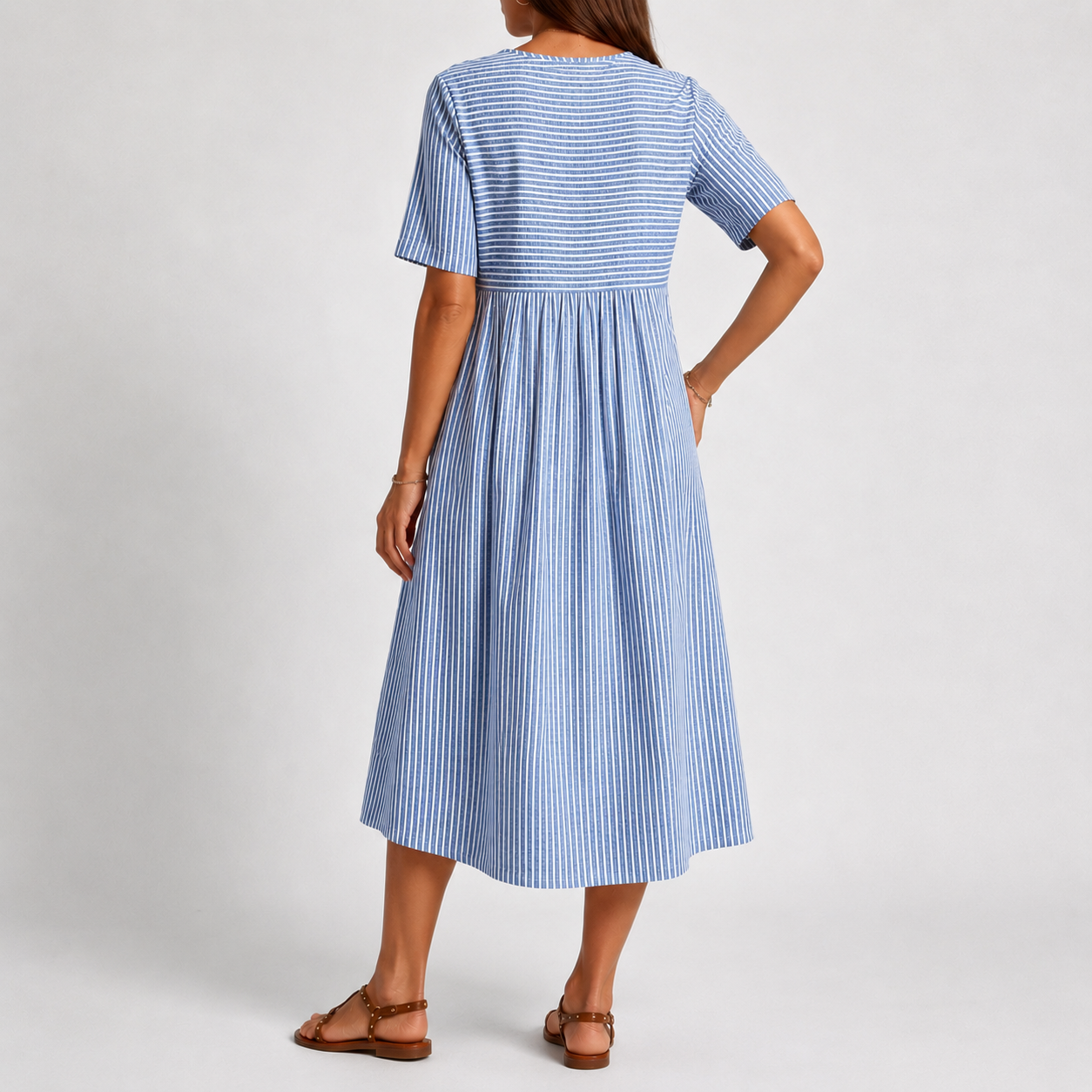 Breathable striped blue midi dress with short sleeves and gathered waist detail