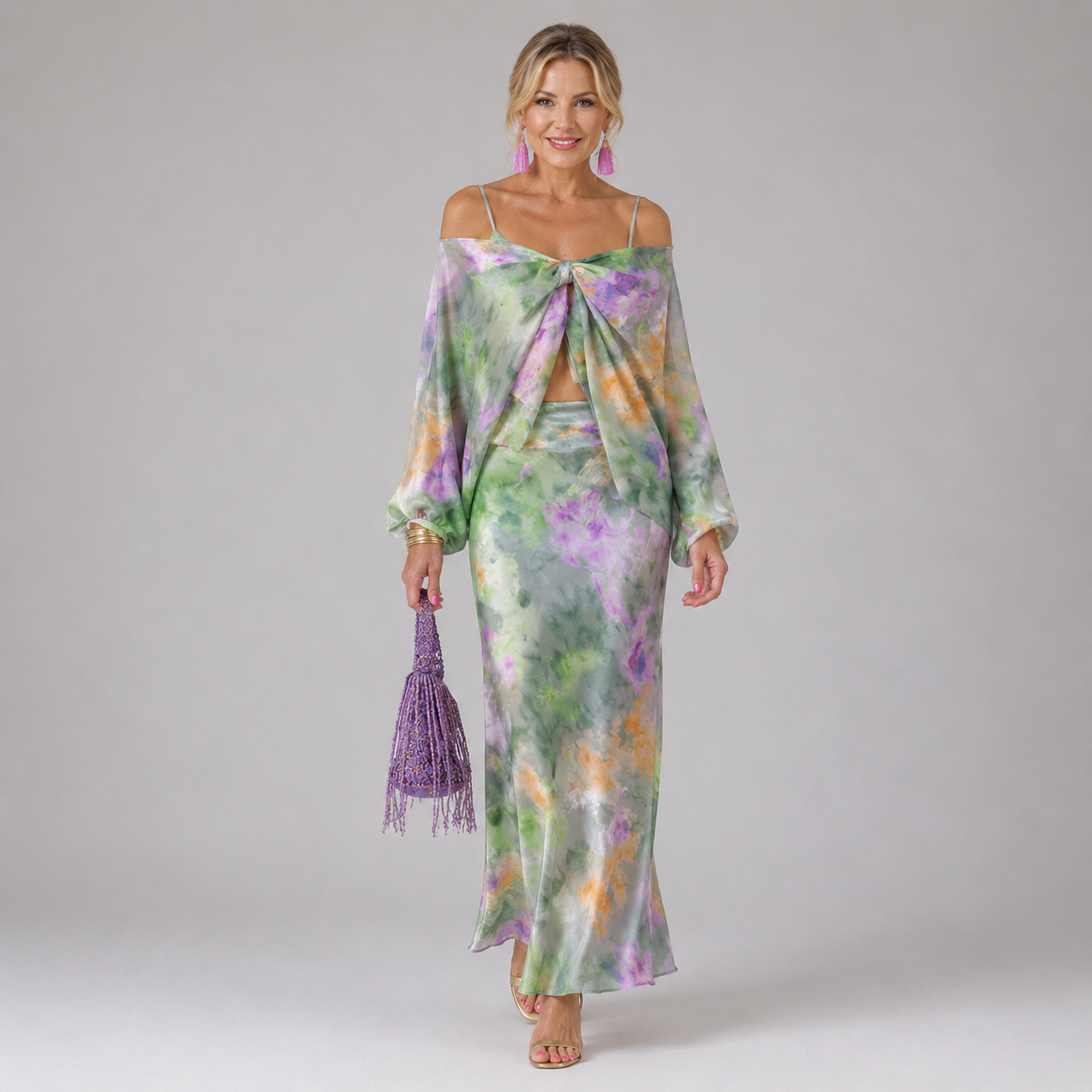 Green floral silk maxi dress with spaghetti straps and gathered front slit