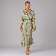 Green patterned wrap midi dress with tie waist and 3/4 sleeves