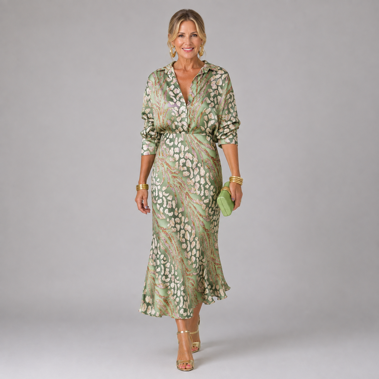 Green patterned wrap midi dress with tie waist and 3/4 sleeves