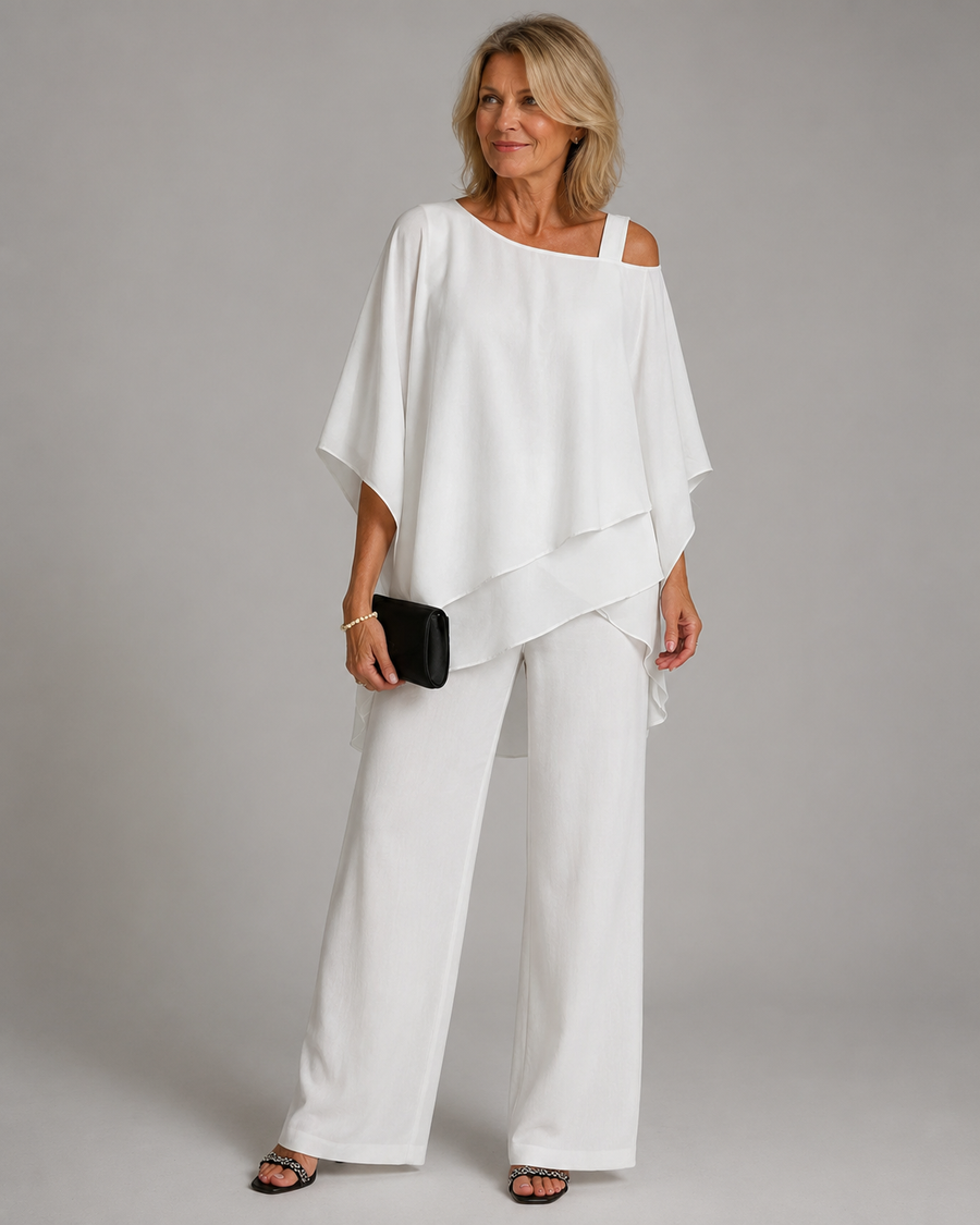 White layered two-piece pants set with draped square-neck blouse and wide-leg trousers