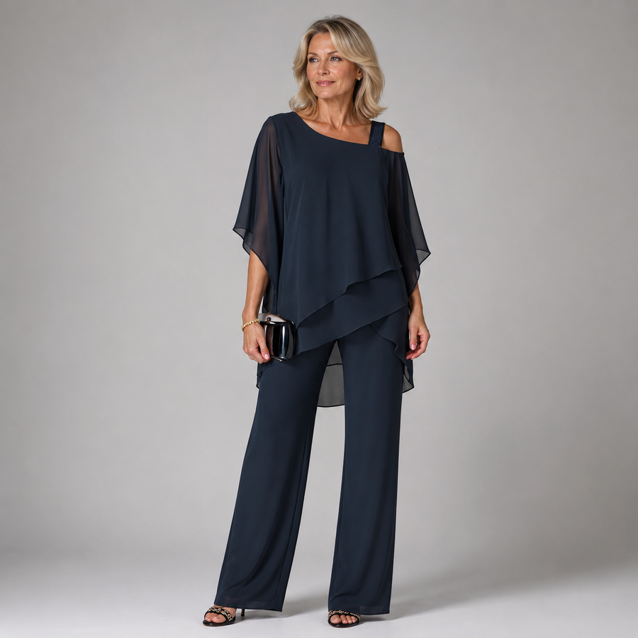 Navy layered two-piece pants set with draped square-neck blouse and wide-leg trousers