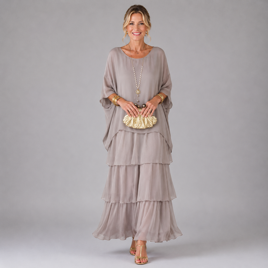Taupe tiered maxi dress with loose sleeves and layered ruffle skirt