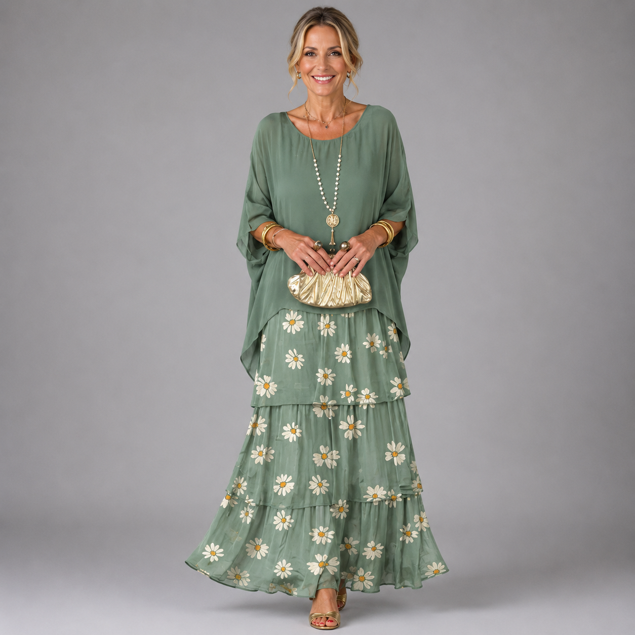 Sage green tiered maxi dress with daisy floral skirt and flowy layered ruffles