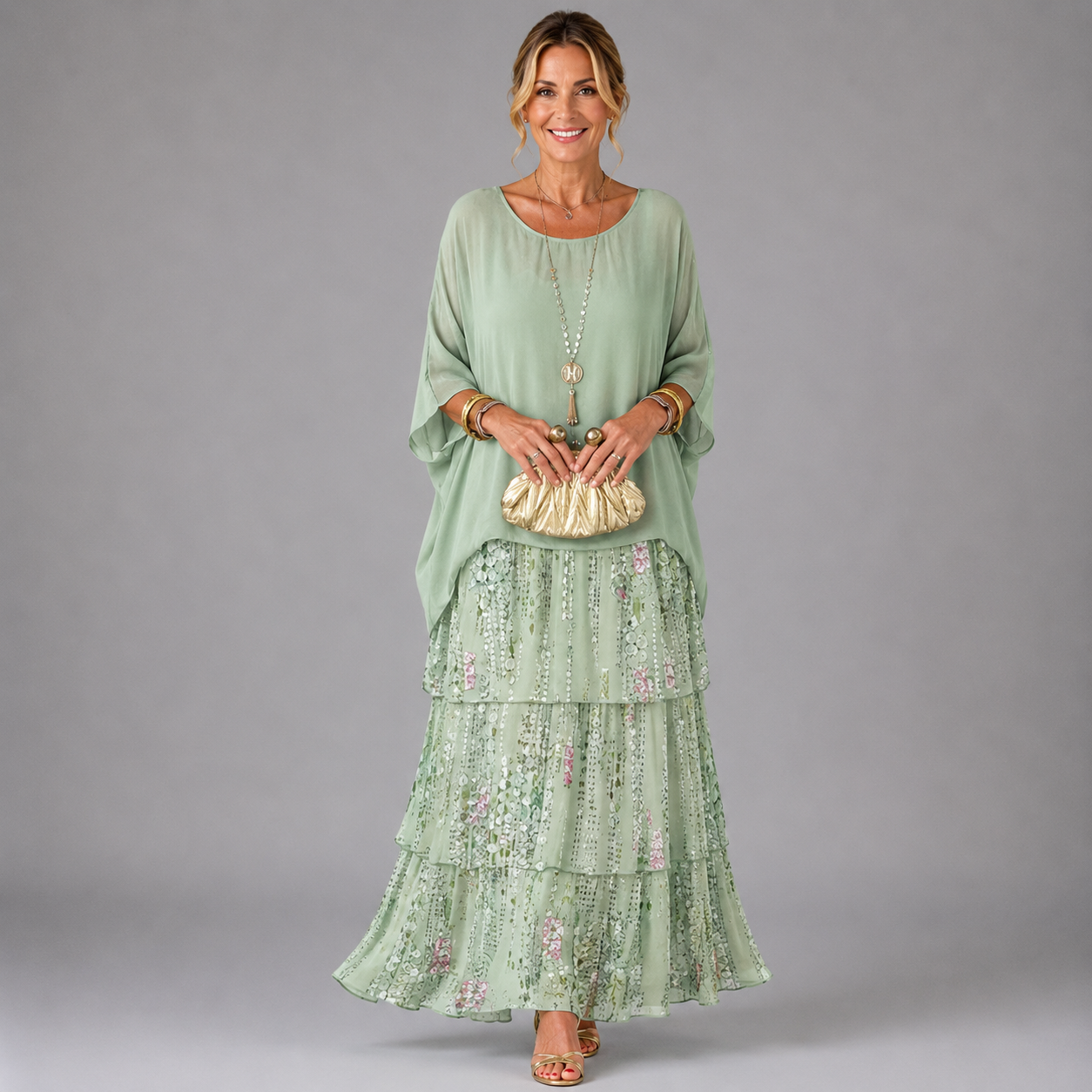Light mint tiered maxi dress with floral print lower skirt and flowy ruffles