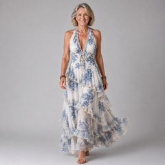 Blue and white floral halter maxi dress with tiered ruffle skirt