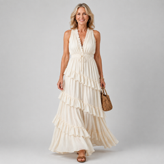 Ivory sleeveless maxi dress with layered ruffle hem and V-neck bodice
