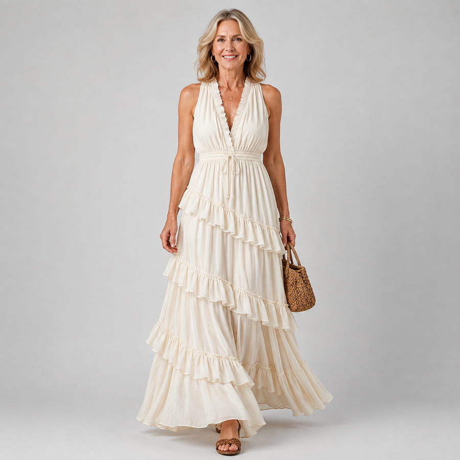 Ivory sleeveless maxi dress with layered ruffle hem and V-neck bodice