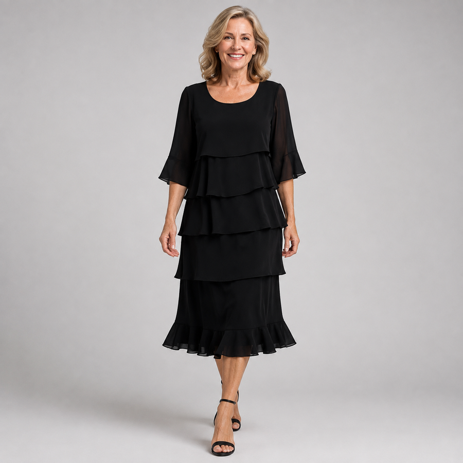 Black ruffle tier dress with layered skirt and elbow-length sleeves