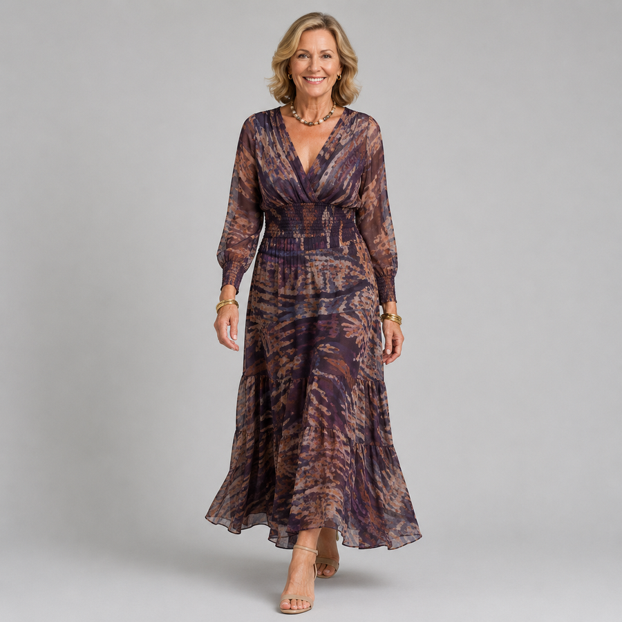Maxi dress with V-neck and long sleeves, multicolor abstract print, tiered skirt