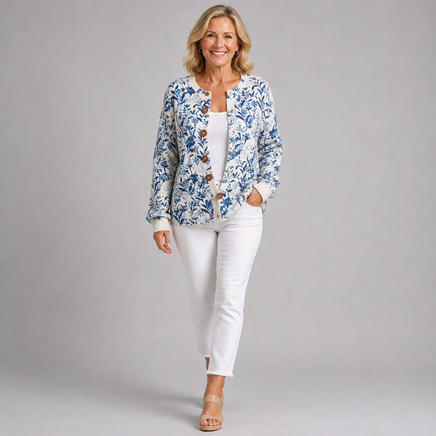 Vintage floral cardigan with button-front and long sleeves, blue-and-white print