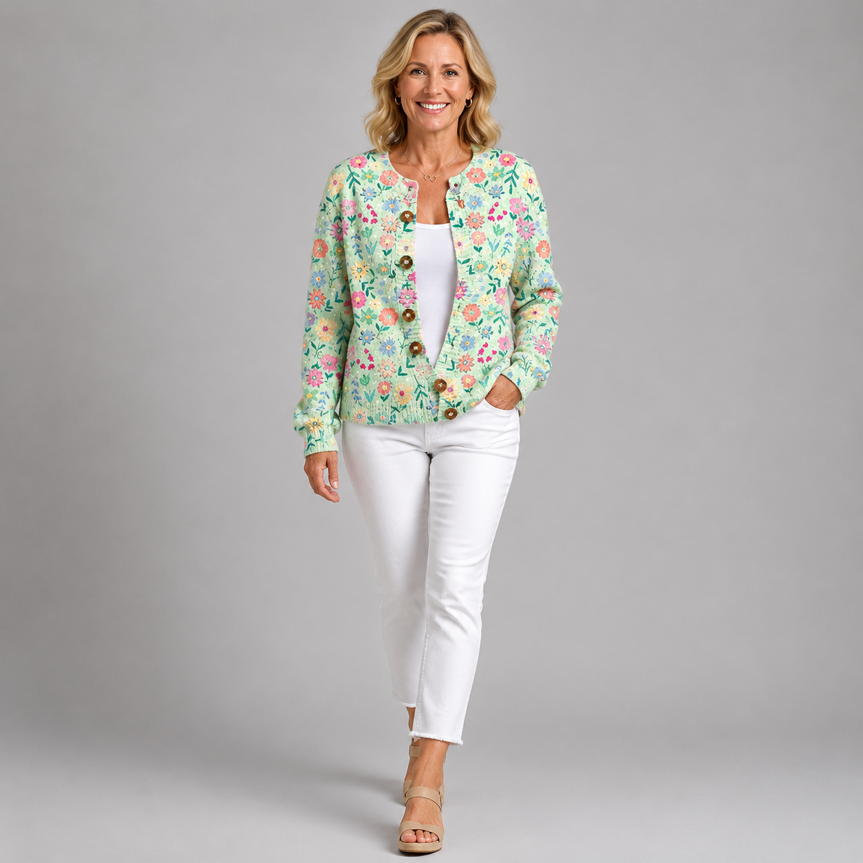 Women's floral cardigan with button front, multicolor blossoms over a white outfit
