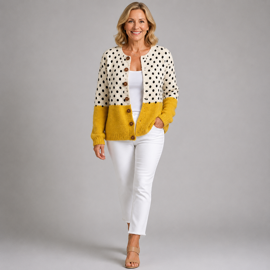 Button-front knit cardigan in cream with black dots and yellow hem/cuffs, V-neck