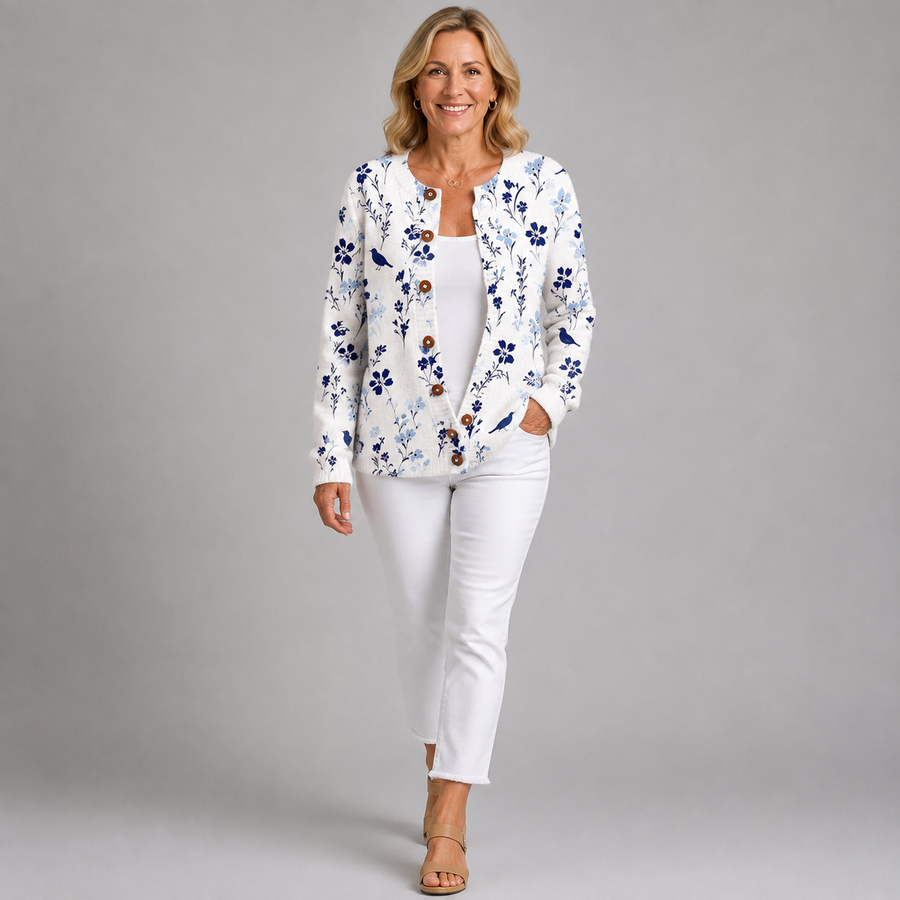 Blue bird and flower print cardigan sweater with button front, long sleeves, V-neck