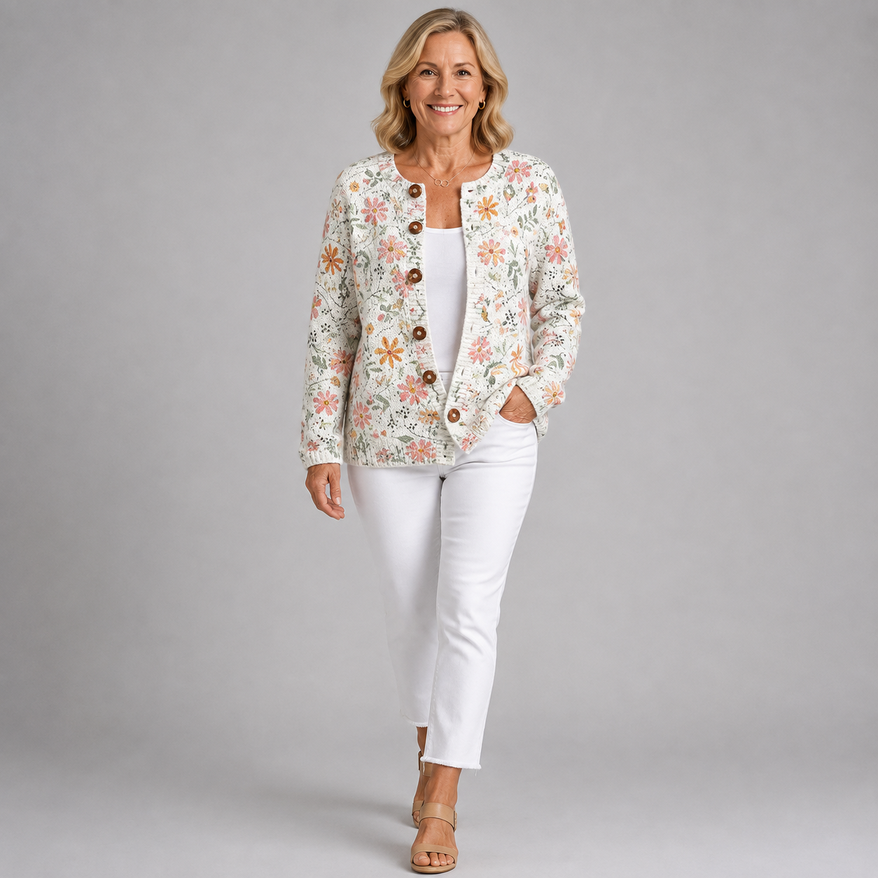 Women's floral knit cardigan with button-front, long sleeves, cream base and multicolor blooms