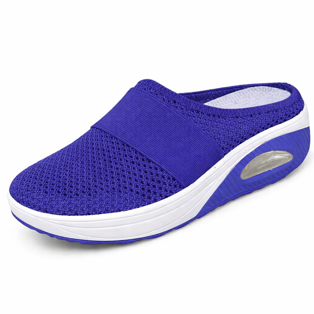 Breathable orthopaedic slip-on mules, royal blue knit upper with wide strap, cushioned air sole
