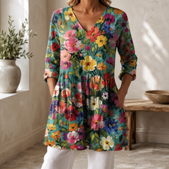 Floral V-neck blouse, teal ground with multicolor flowers and 3/4 sleeves