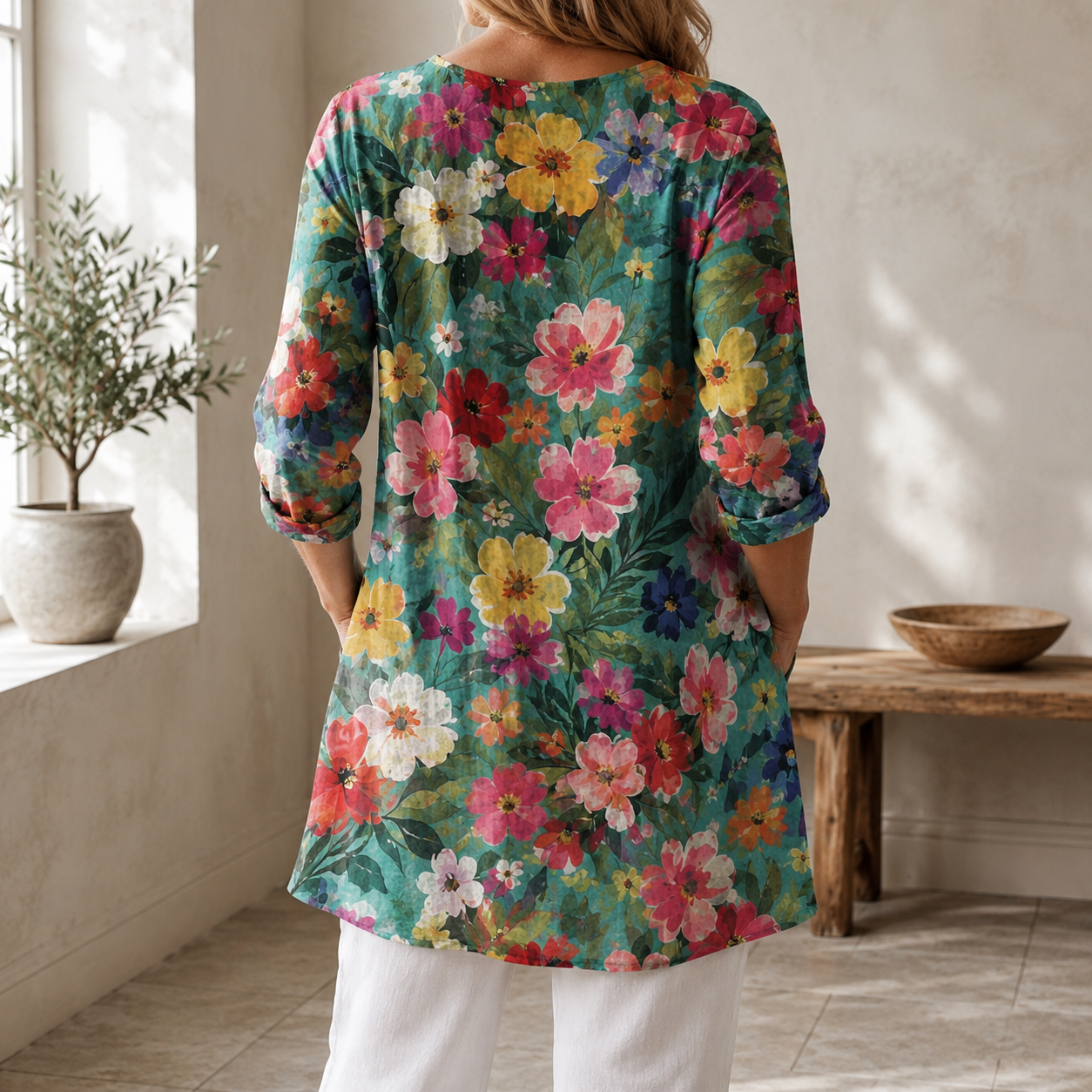 Floral blouse back view with multicolor flower print and 3/4 sleeves
