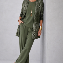 Olive green three-piece trouser set with patterned three-quarter-sleeve jacket and straight pants