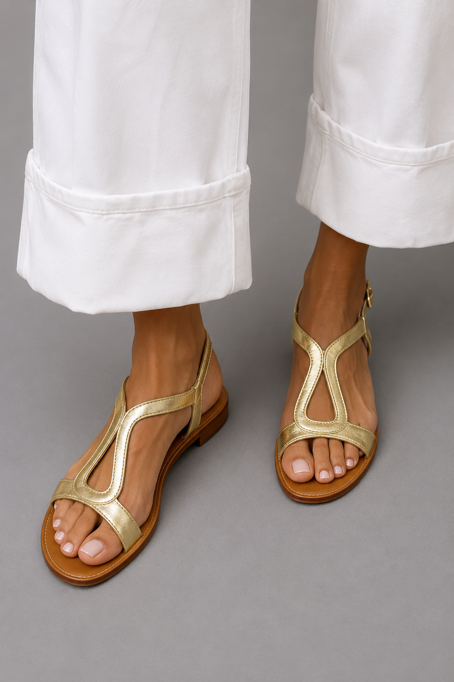 Gold Summer Sole sandals with open toe and cutout thong strap