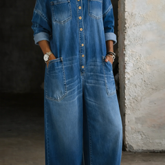 Blue off-shoulder denim overall with front button placket, wide pockets, and adjustable straps