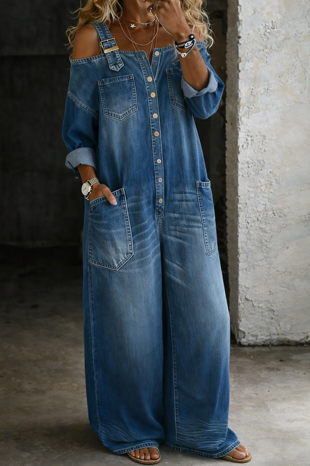 Blue off-shoulder denim shirt with front buttons and chest pockets
