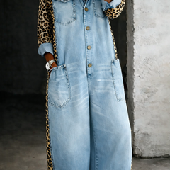 Light blue denim overall dress with button front and two chest pockets