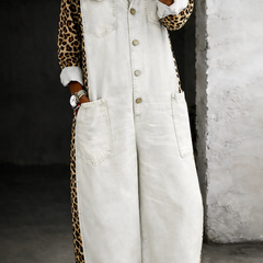 White denim overall with button front and large front patch pockets