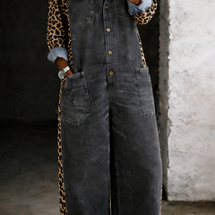 Dark charcoal denim overall with button front and two large patch pockets