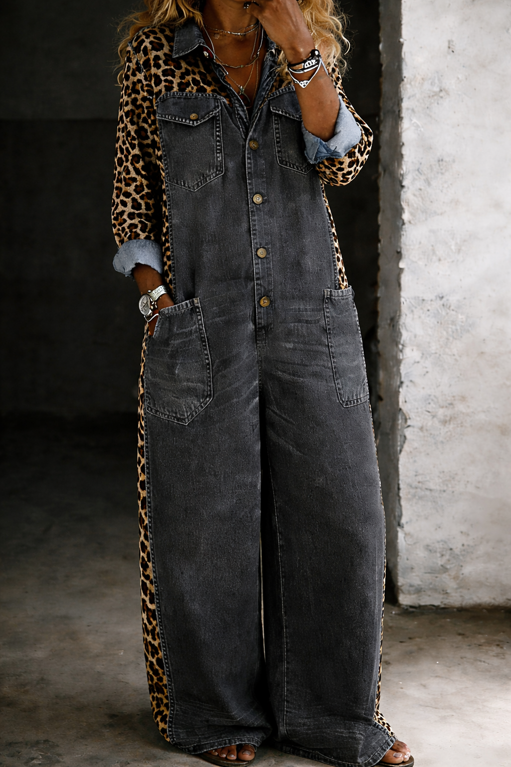 Dark charcoal denim overall with button front and two large patch pockets