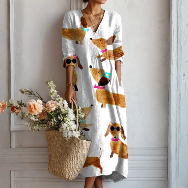 White V-neck midi dress with multicolor dog print, long sleeves