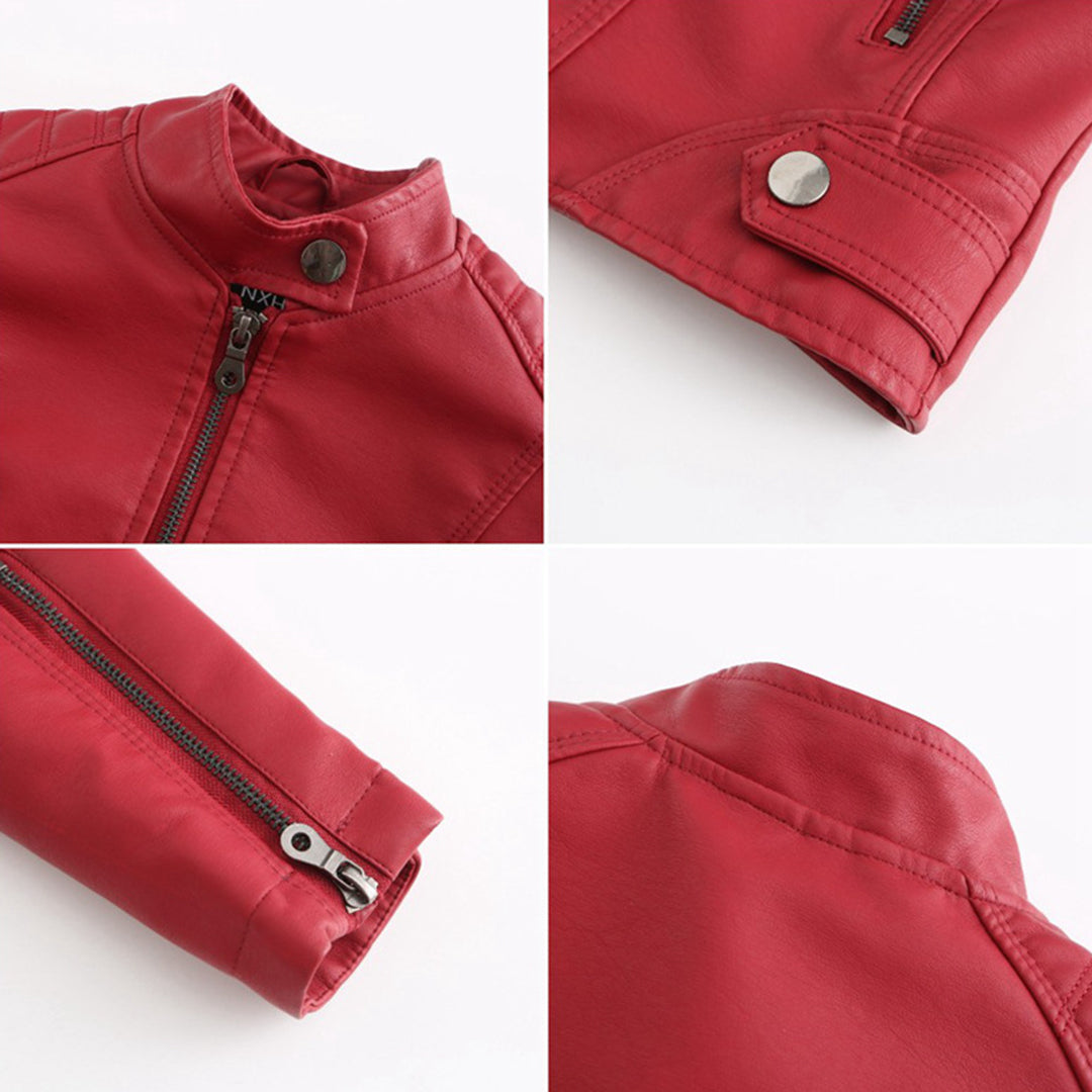 Red zip-up jacket details: snap collar, metal zipper, cuff and stitching