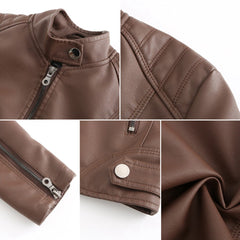 Coffee-brown zip-up jacket details: snap collar, zipper pull, stitched panels