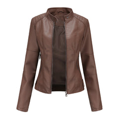 Coffee-brown sleek zip-up jacket with stand collar and front zipper