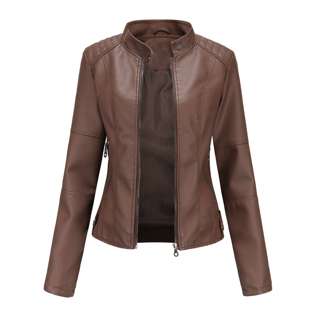 Coffee-brown sleek zip-up jacket with stand collar and front zipper