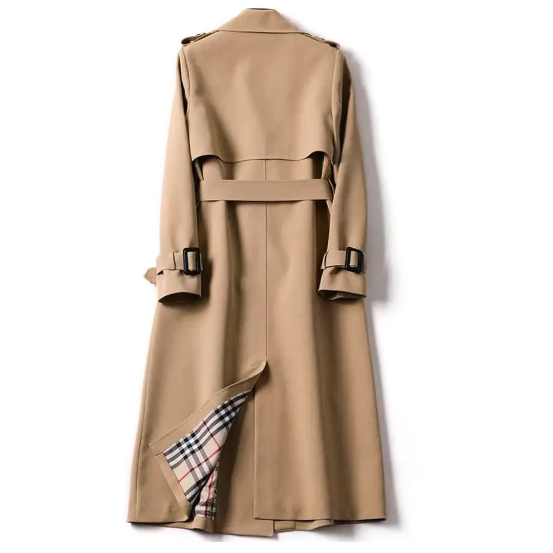 Khaki trench coat back view with yoke, shoulder straps, and tied waist belt